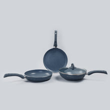 Load image into Gallery viewer, Granite Non-stick Cookware Set, 4Pc (Fry Pan with Lid, Wok, Dosa Tawa), Induction Bottom, Soft-touch Handles, Virgin Grade Aluminium, PFOA/Heavy metals free, 3.5mm, 2 years warranty, Grey