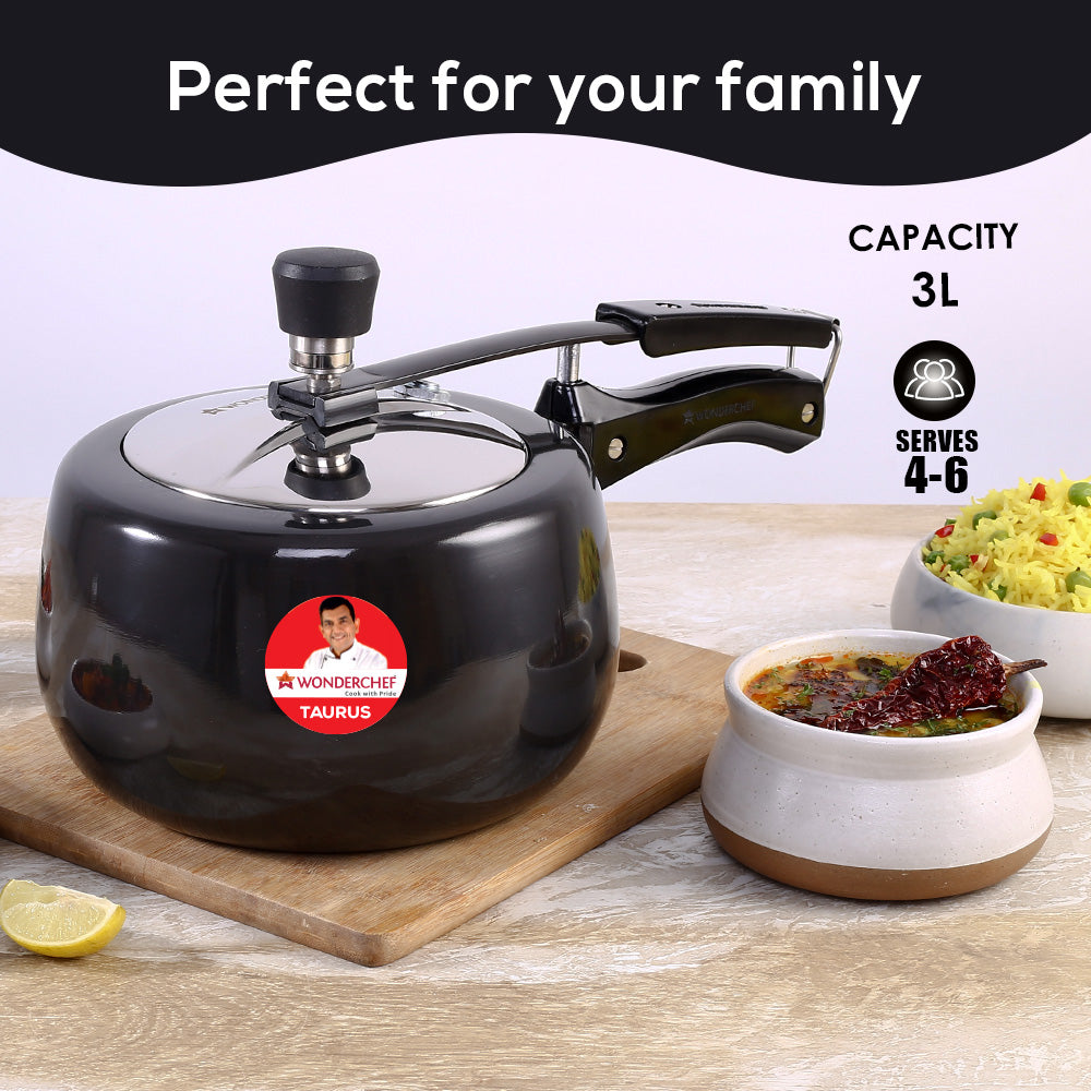 Taurus Hard Anodized 3L Inner Lid Pressure cooker, SS Lid, Soft Touch Handles for Durability, Induction Friendly, Black, 5 year warranty, ISI Certified