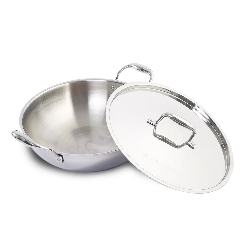 Nigella Tri-ply Stainless Steel 24 cm Kadhai with Lid | 2.2 Litres | 2.6mm Thickness | Kadhai with Induction base | Compatible with all cooktops | Riveted Cool-Touch Handle | 10 Year Warranty