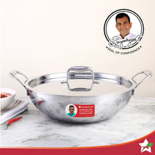 Load image into Gallery viewer, Nigella Tri-ply Stainless Steel 20 cm Kadhai with Lid | 1.5 Litres | 2.6mm Thickness | Kadhai with Induction base | Compatible with all cooktops | Riveted Cool-Touch Handle | 10 Year Warranty