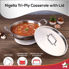 Load image into Gallery viewer, Nigella Tri-ply Stainless Steel 20 cm Kadhai with Lid | 1.5 Litres | 2.6mm Thickness | Kadhai with Induction base | Compatible with all cooktops | Riveted Cool-Touch Handle | 10 Year Warranty