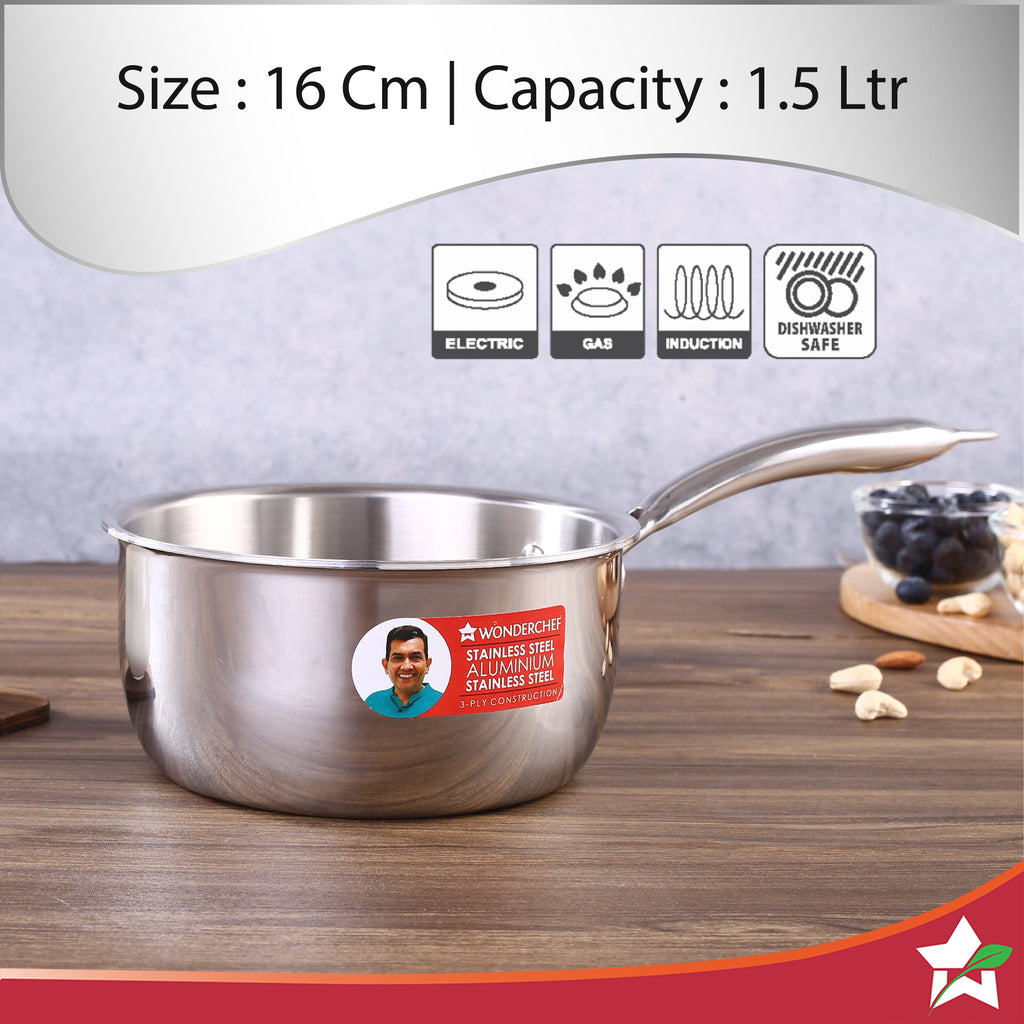 Nigella Tri-ply Stainless Steel 16 cm Sauce Pan | 1.5 Liters | 2.6mm Thickness | Silver