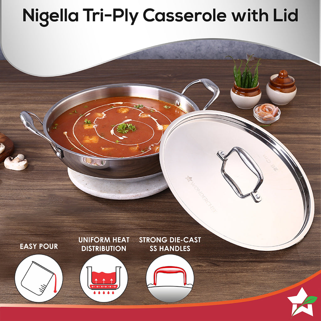 Nigella Tri-ply Stainless Steel 24 cm Kadhai with Lid | 2.2 Litres | 2.6mm Thickness | Kadhai with Induction base | Compatible with all cooktops | Riveted Cool-Touch Handle | 10 Year Warranty