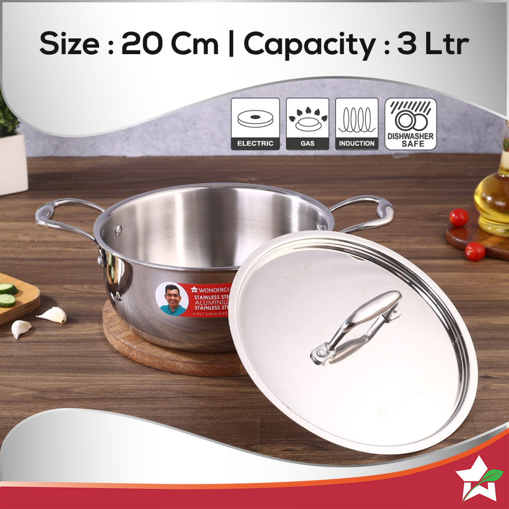 Nigella Tri-ply Stainless Steel 20 cm Casserole | 3 Litres | 2.6mm Thickness | Induction base | Compatible with all cooktops | Riveted Cool-Touch Handle | 10 Year Warranty