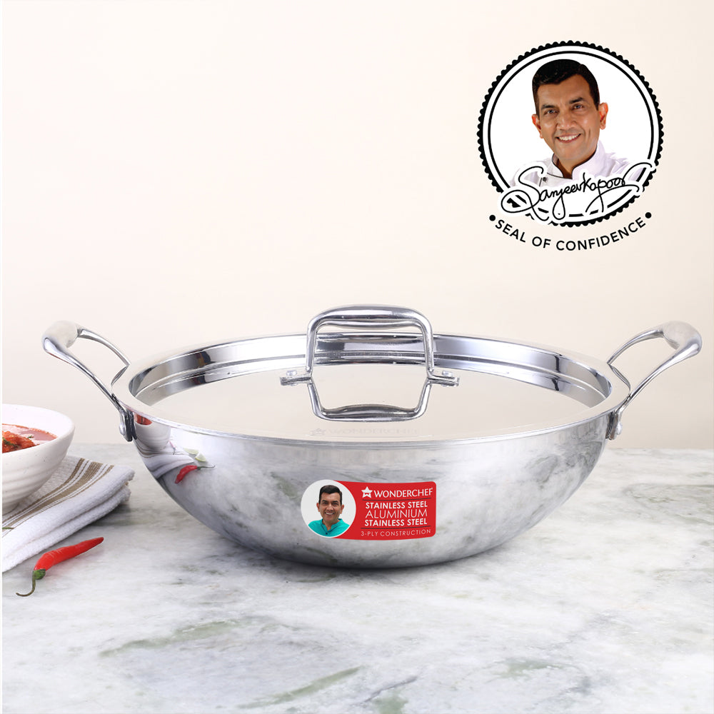 Nigella Tri-ply Stainless Steel 24 cm Kadhai with Lid | 2.2 Litres | 2.6mm Thickness | Kadhai with Induction base | Compatible with all cooktops | Riveted Cool-Touch Handle | 10 Year Warranty